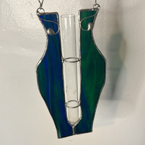 Handmade Signed & Dated Stained Glass Blue & Green Plant Propagation Station - Picture 1 of 6